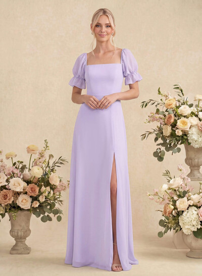 A-Line Square Neckline Short Sleeves Floor-Length Chiffon Bridesmaid Dresses With Split Front