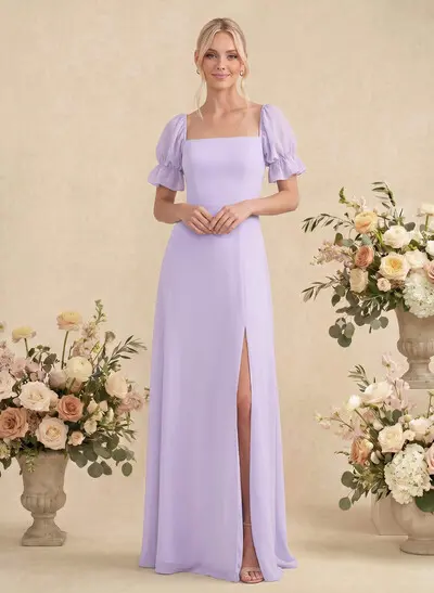 A-Line Square Neckline Short Sleeves Floor-Length Chiffon Bridesmaid Dresses With Split Front