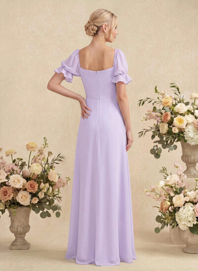 A-Line Square Neckline Short Sleeves Floor-Length Chiffon Bridesmaid Dresses With Split Front