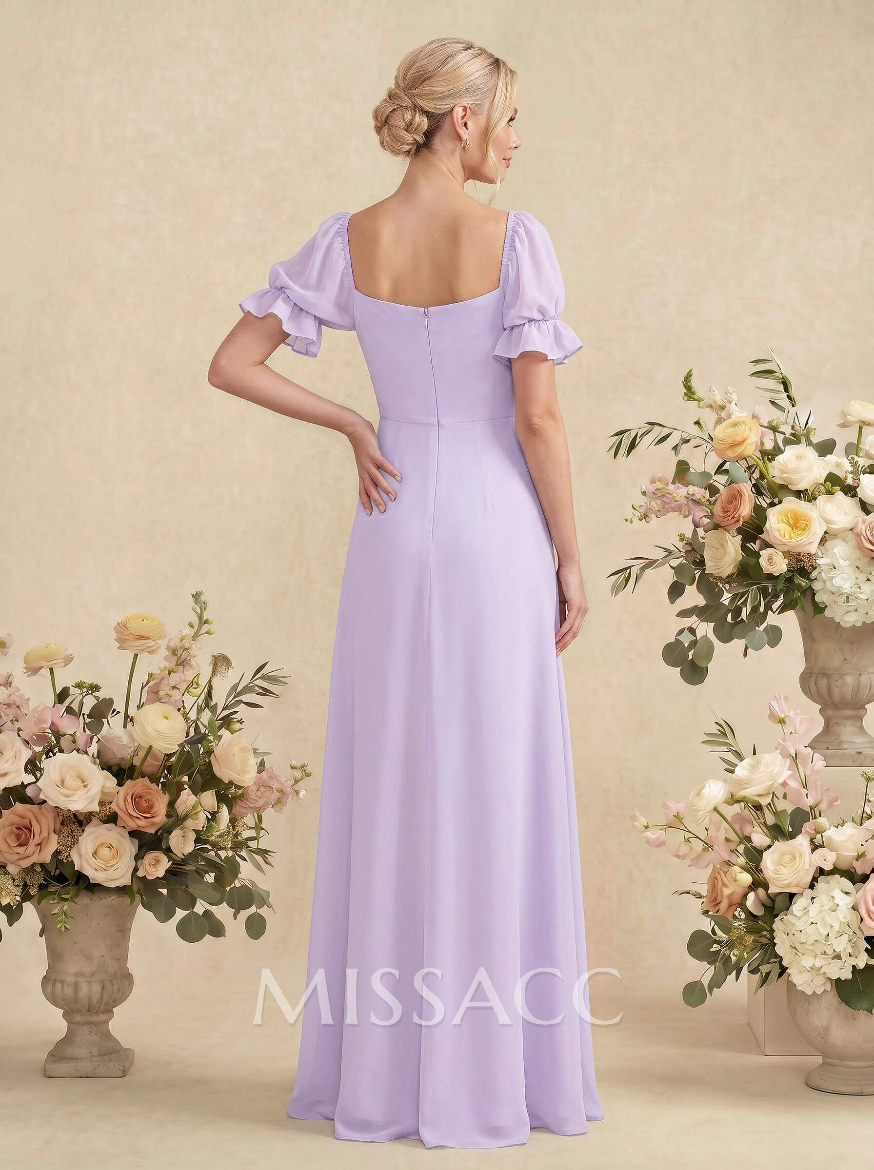 A-Line Square Neckline Short Sleeves Floor-Length Chiffon Bridesmaid Dresses With Split Front