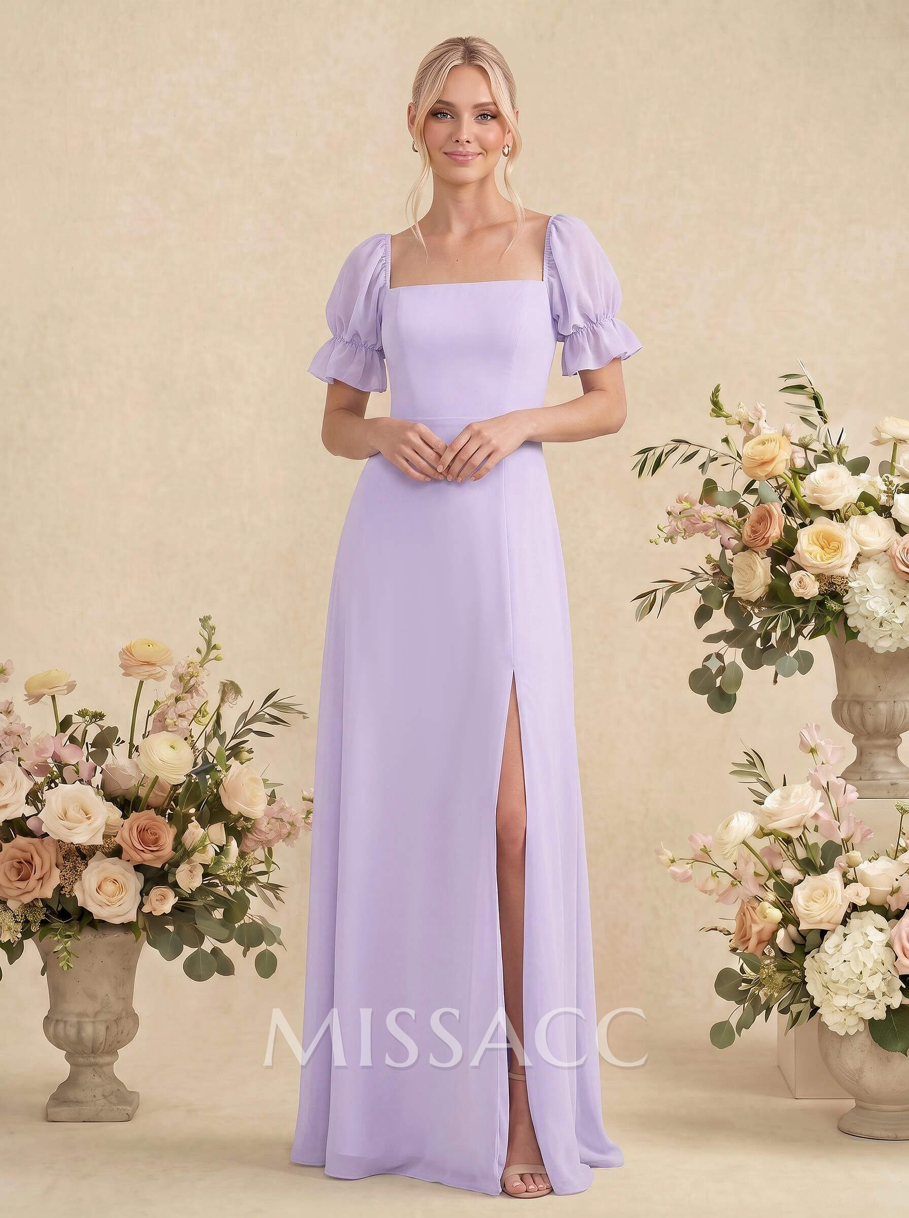 A-Line Square Neckline Short Sleeves Floor-Length Chiffon Bridesmaid Dresses With Split Front