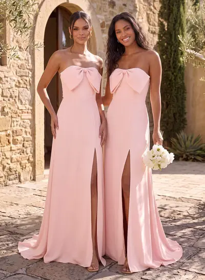Sheath/Column Strapless Sleeveless Sweep Train Elastic Satin Bridesmaid Dresses With Split Front/Bow