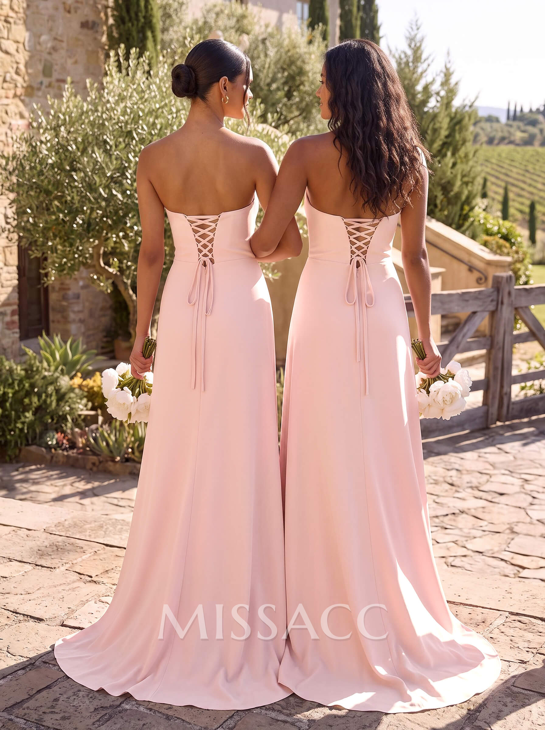 Sheath/Column Strapless Sleeveless Sweep Train Elastic Satin Bridesmaid Dresses With Split Front/Bow