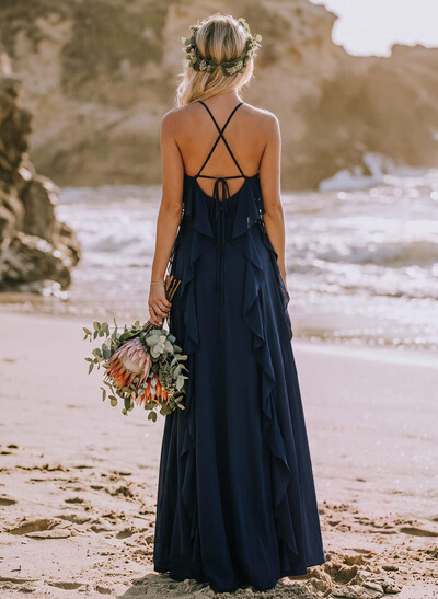 Sheath/Column Halter Sleeveless Floor-Length Chiffon Bridesmaid Dresses With Cascading Ruffles/Flower