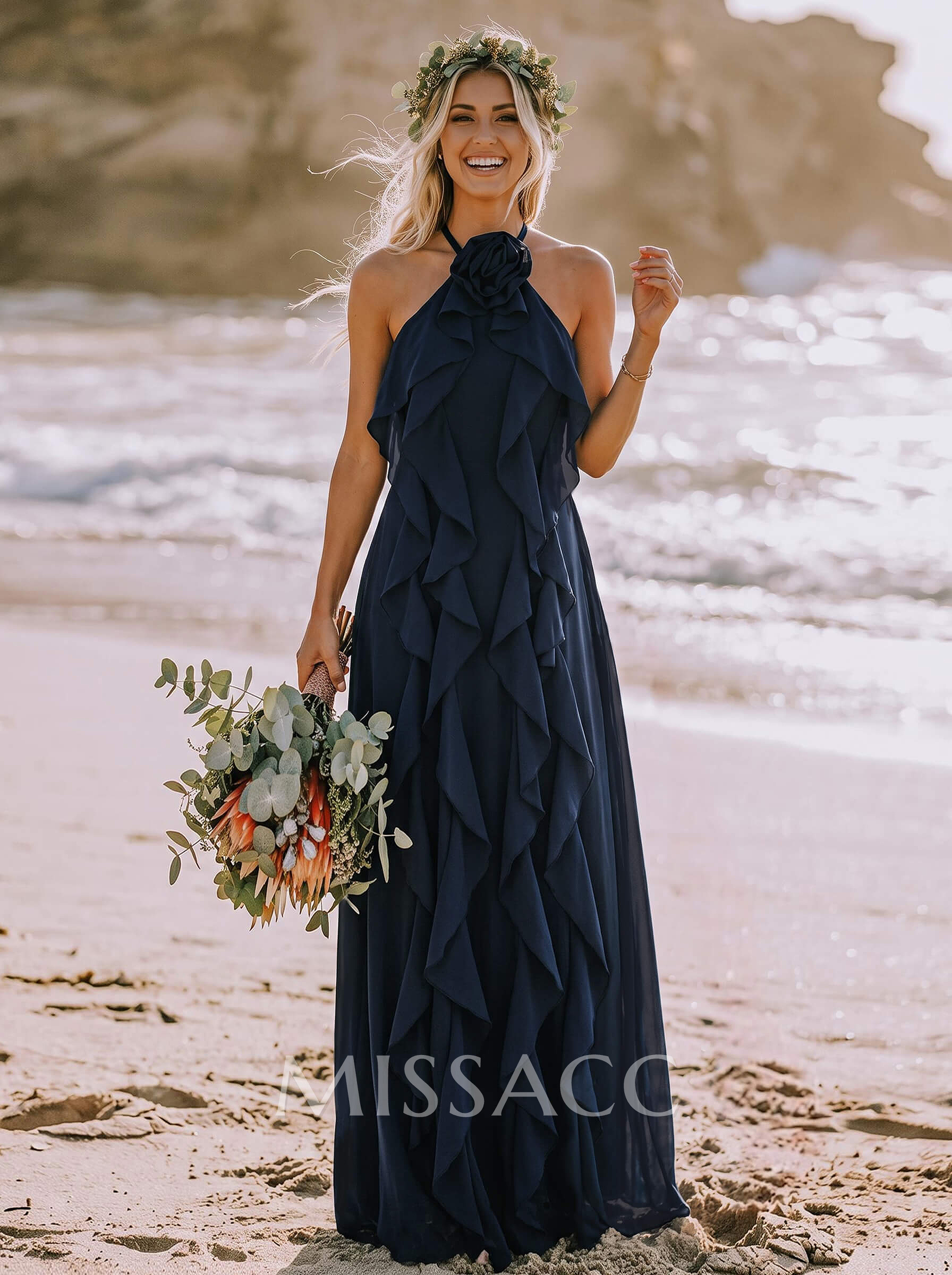 Sheath/Column Halter Sleeveless Floor-Length Chiffon Bridesmaid Dresses With Cascading Ruffles/Flower