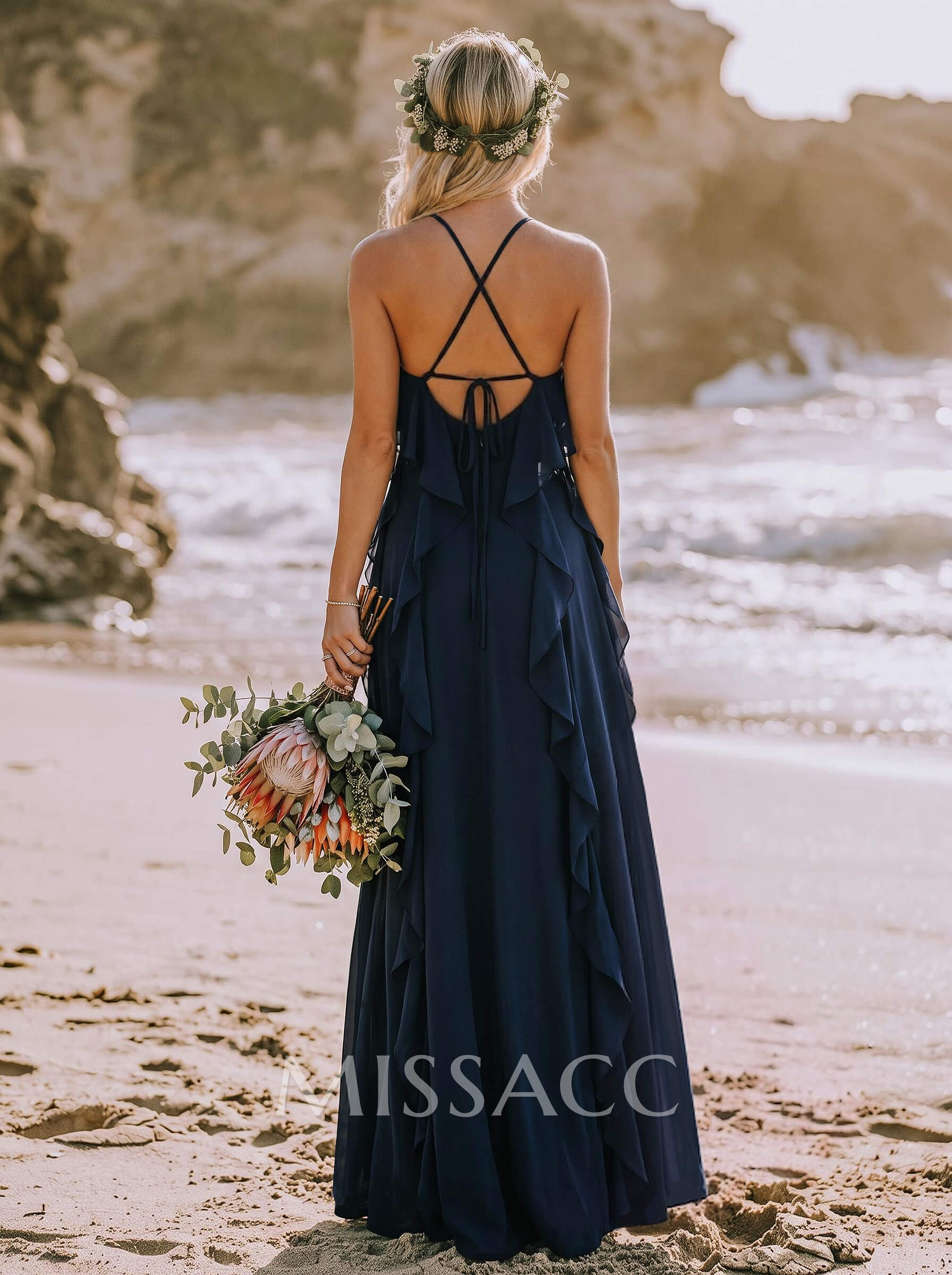 Sheath/Column Halter Sleeveless Floor-Length Chiffon Bridesmaid Dresses With Cascading Ruffles/Flower