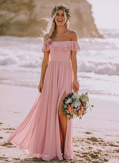 A-Line Off-The-Shoulder Sleeveless Floor-Length Chiffon Bridesmaid Dresses With Split Front/Flower