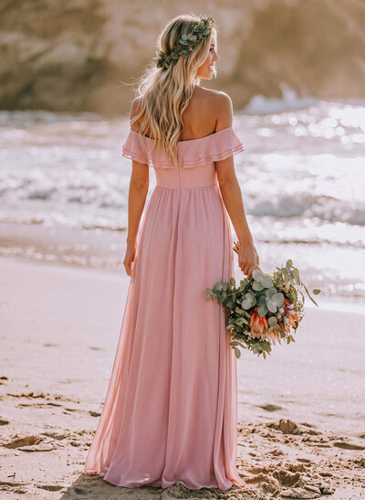 A-Line Off-The-Shoulder Sleeveless Floor-Length Chiffon Bridesmaid Dresses With Split Front/Flower