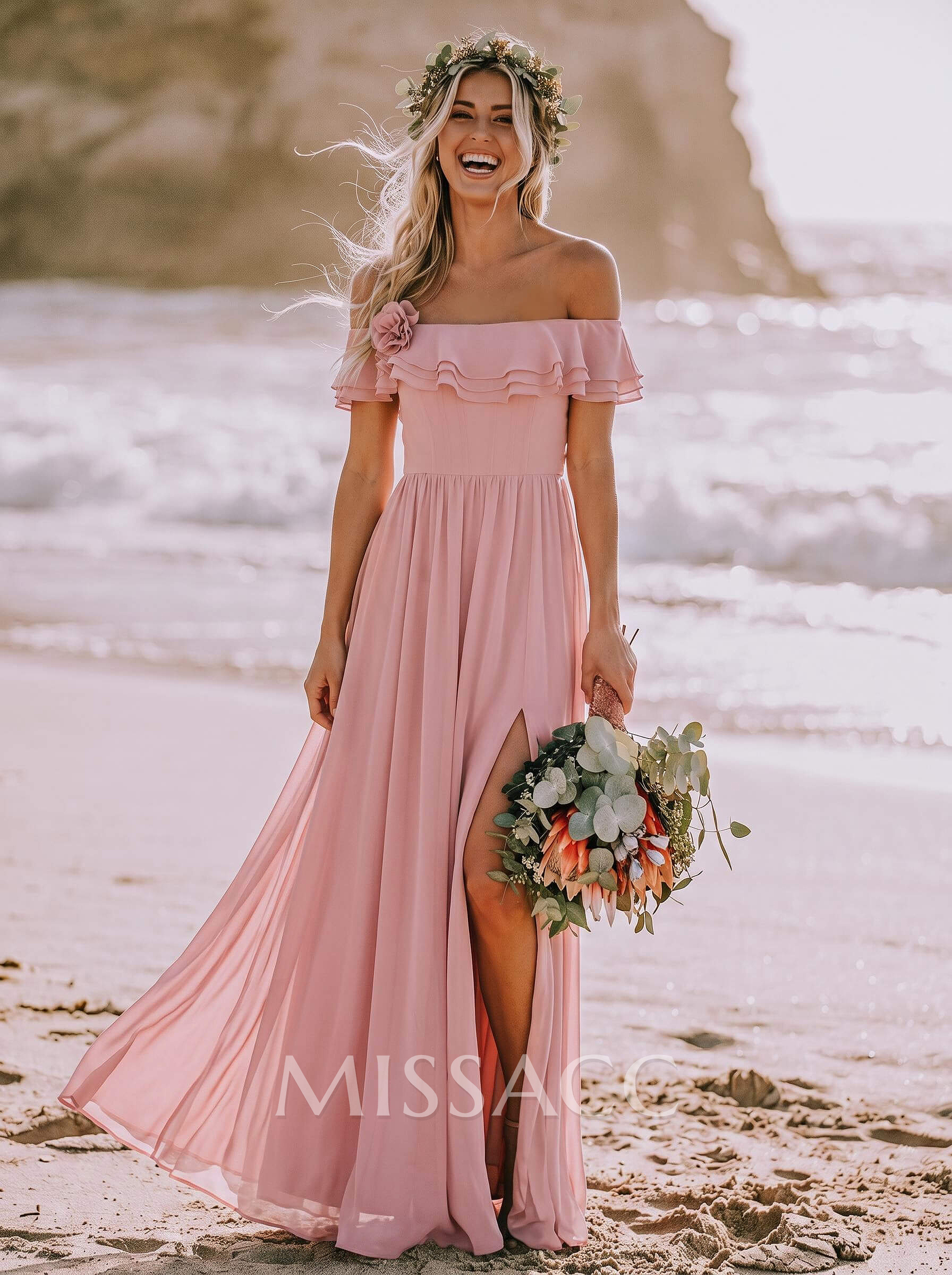 A-Line Off-The-Shoulder Sleeveless Floor-Length Chiffon Bridesmaid Dresses With Split Front/Flower