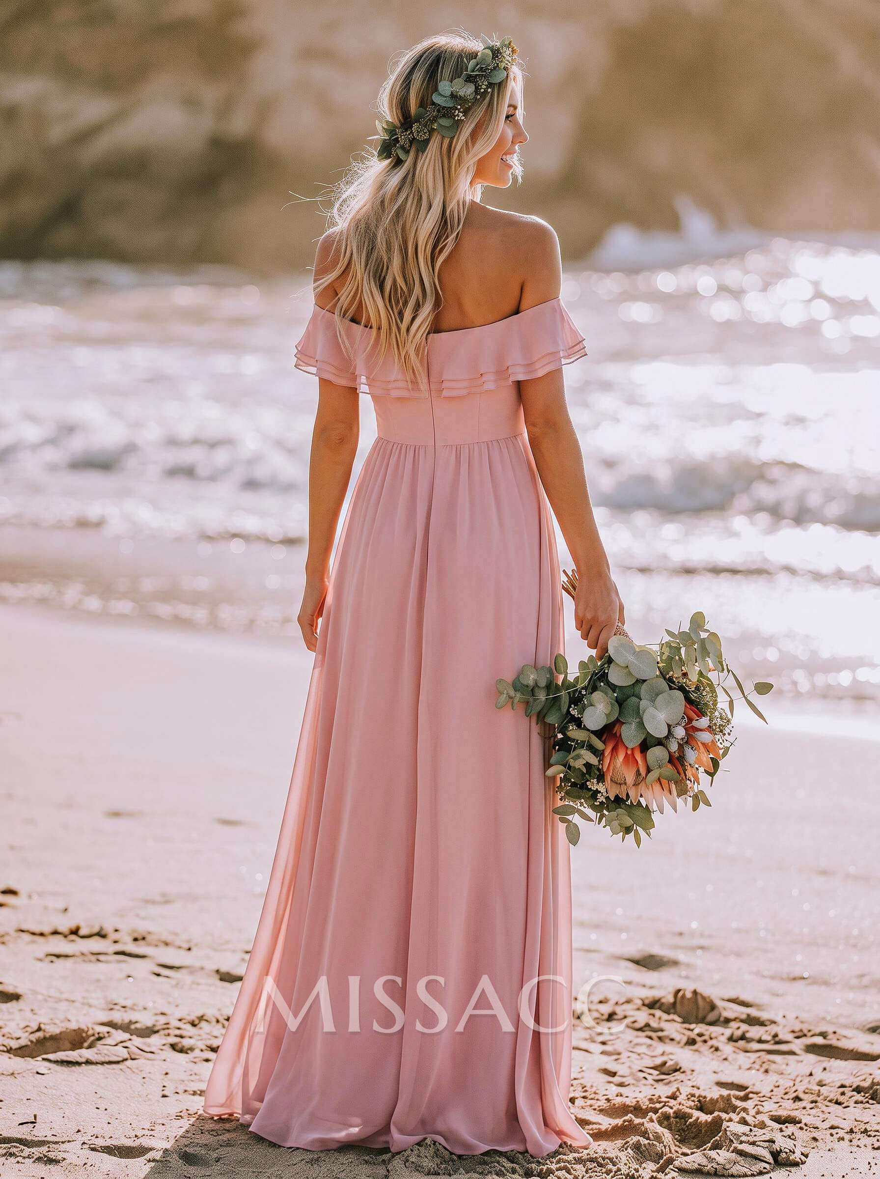 A-Line Off-The-Shoulder Sleeveless Floor-Length Chiffon Bridesmaid Dresses With Split Front/Flower
