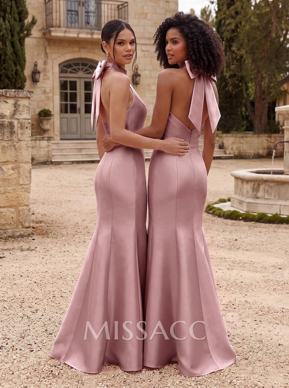 Trumpet/Mermaid Halter Sleeveless Floor-Length Satin Bridesmaid Dresses With Bow