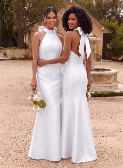 Fishtail/Mermaid Halterneck Sleeveless Maxi Satin Bridesmaid Dresses With Bow