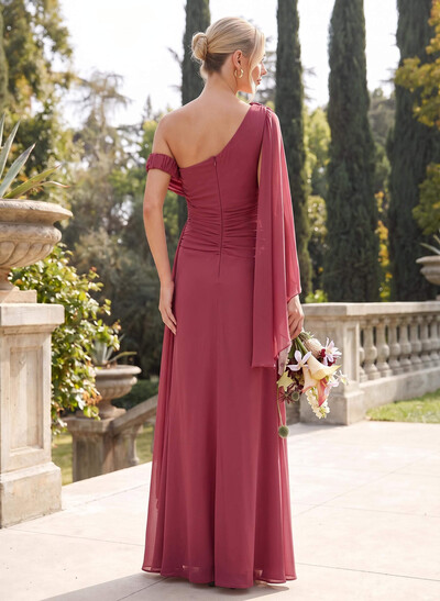 Sheath/Column Asymmetrical Short Sleeves Floor-Length Chiffon Bridesmaid Dresses With Sweeping Side Drape