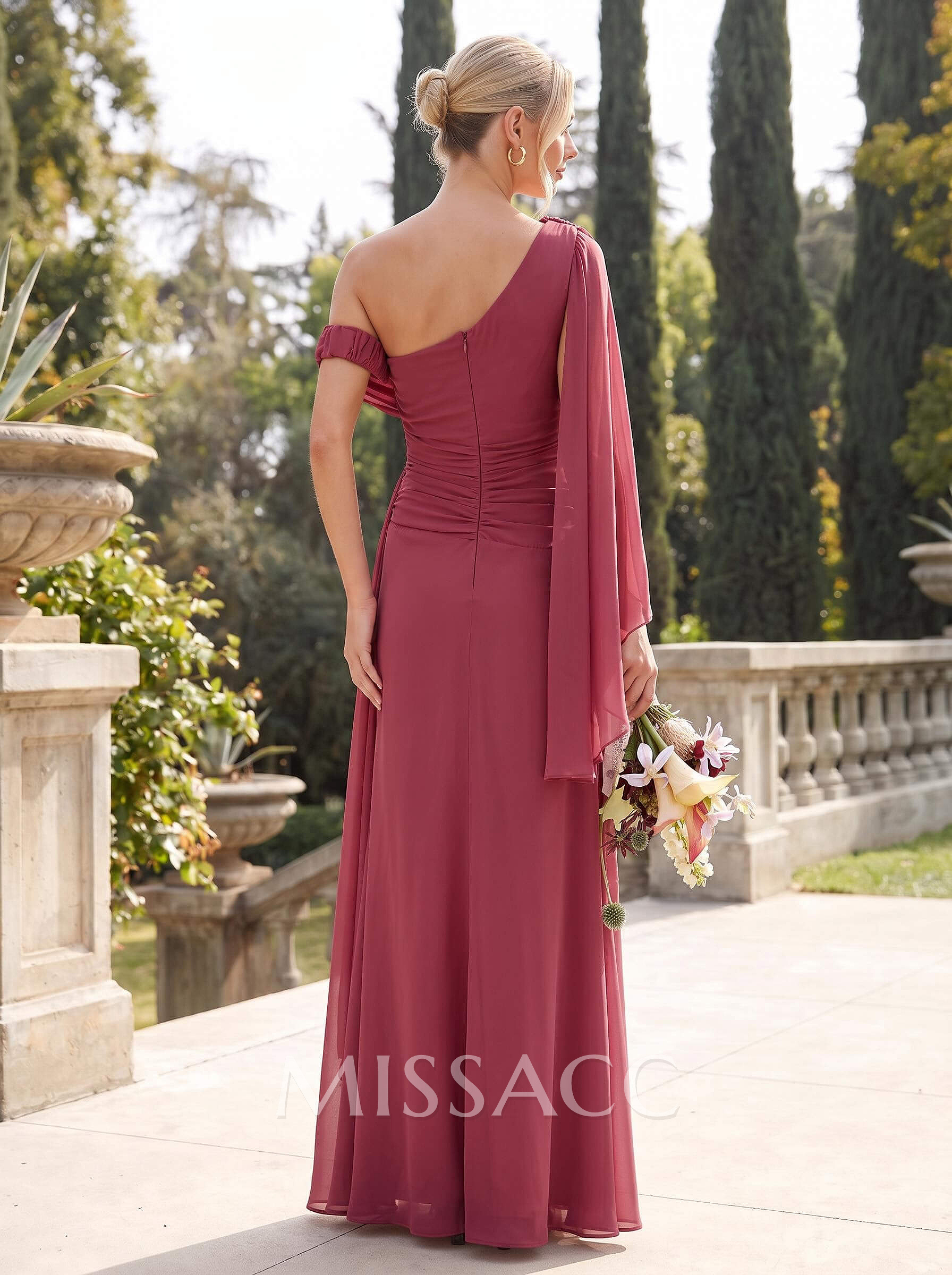Sheath/Column Asymmetrical Short Sleeves Floor-Length Chiffon Bridesmaid Dresses With Sweeping Side Drape