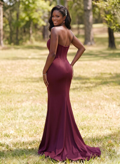 Trumpet/Mermaid Strapless Sleeveless Sweep Train Stretch Satin Bridesmaid Dresses With Bow/High Split