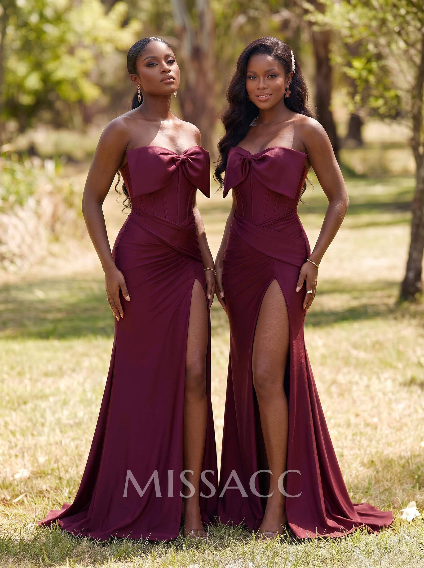 Trumpet/Mermaid Strapless Sleeveless Sweep Train Stretch Satin Bridesmaid Dresses With Bow/High Split