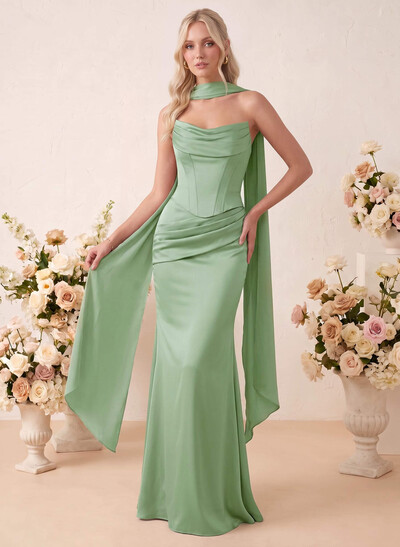 Trumpet/Mermaid Strapless Sleeveless Floor-Length Stretch Satin Bridesmaid Dresses With Pleated