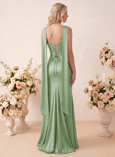 Trumpet/Mermaid Strapless Sleeveless Floor-Length Stretch Satin Bridesmaid Dresses With Pleated