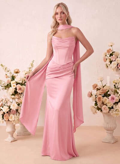 Trumpet/Mermaid Strapless Sleeveless Floor-Length Stretch Satin Bridesmaid Dresses With Pleated