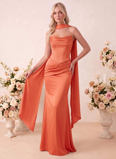 Trumpet/Mermaid Strapless Sleeveless Floor-Length Stretch Satin Bridesmaid Dresses With Pleated