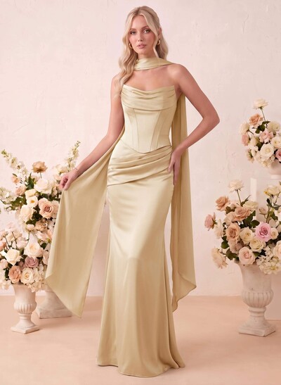 Strapless Floor-Length Stretch Satin Mermaid Bridesmaid Dresses With Pleats