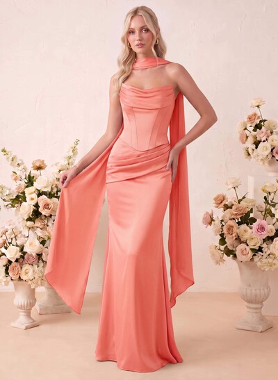 Trumpet/Mermaid Strapless Sleeveless Floor-Length Stretch Satin Bridesmaid Dresses With Pleated