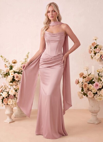 Trumpet/Mermaid Strapless Sleeveless Floor-Length Stretch Satin Bridesmaid Dresses With Pleated