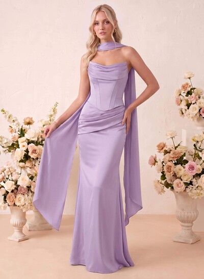 Trumpet/Mermaid Strapless Floor-Length Stretch Satin Bridesmaid Dresses With Pleating