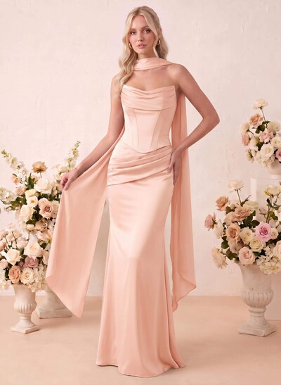 Trumpet/Mermaid Strapless Sleeveless Floor-Length Stretch Satin Bridesmaid Dresses With Pleated