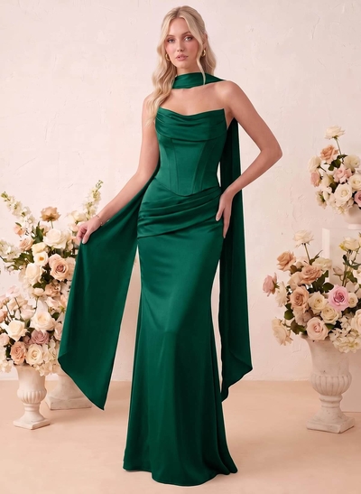 Trumpet/Mermaid Strapless Sleeveless Floor-Length Stretch Satin Bridesmaid Dresses With Pleated