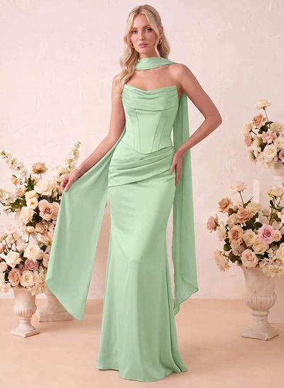 Trumpet/Mermaid Strapless Sleeveless Floor-Length Stretch Satin Bridesmaid Dresses With Pleated