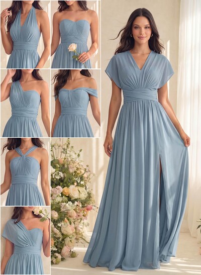 A-Line V-Neck Short Sleeves Floor-Length Chiffon Bridesmaid Dresses