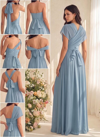 A-Line V-Neck Short Sleeves Floor-Length Chiffon Bridesmaid Dresses