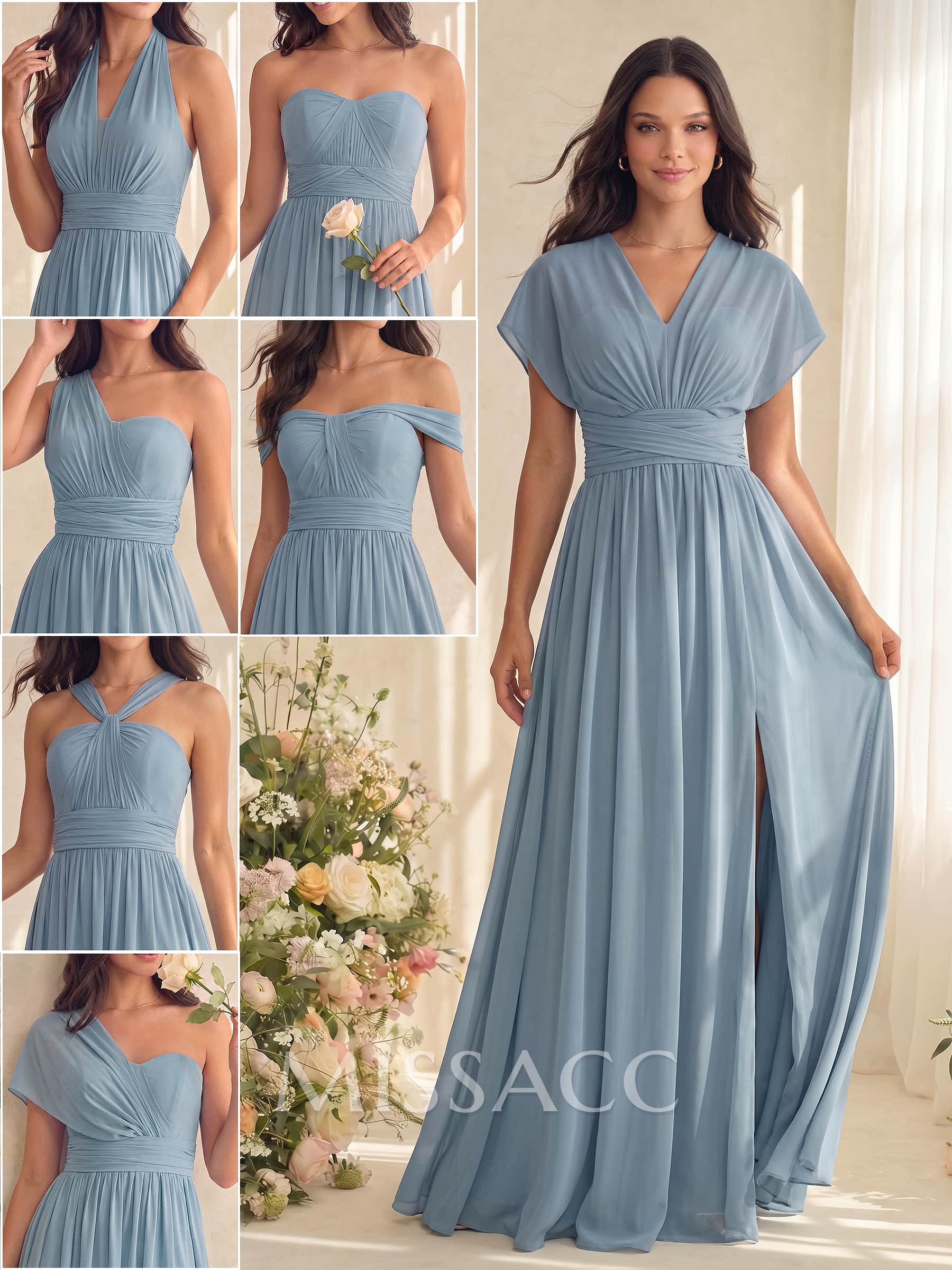A-Line V-Neck Short Sleeves Floor-Length Chiffon Bridesmaid Dresses