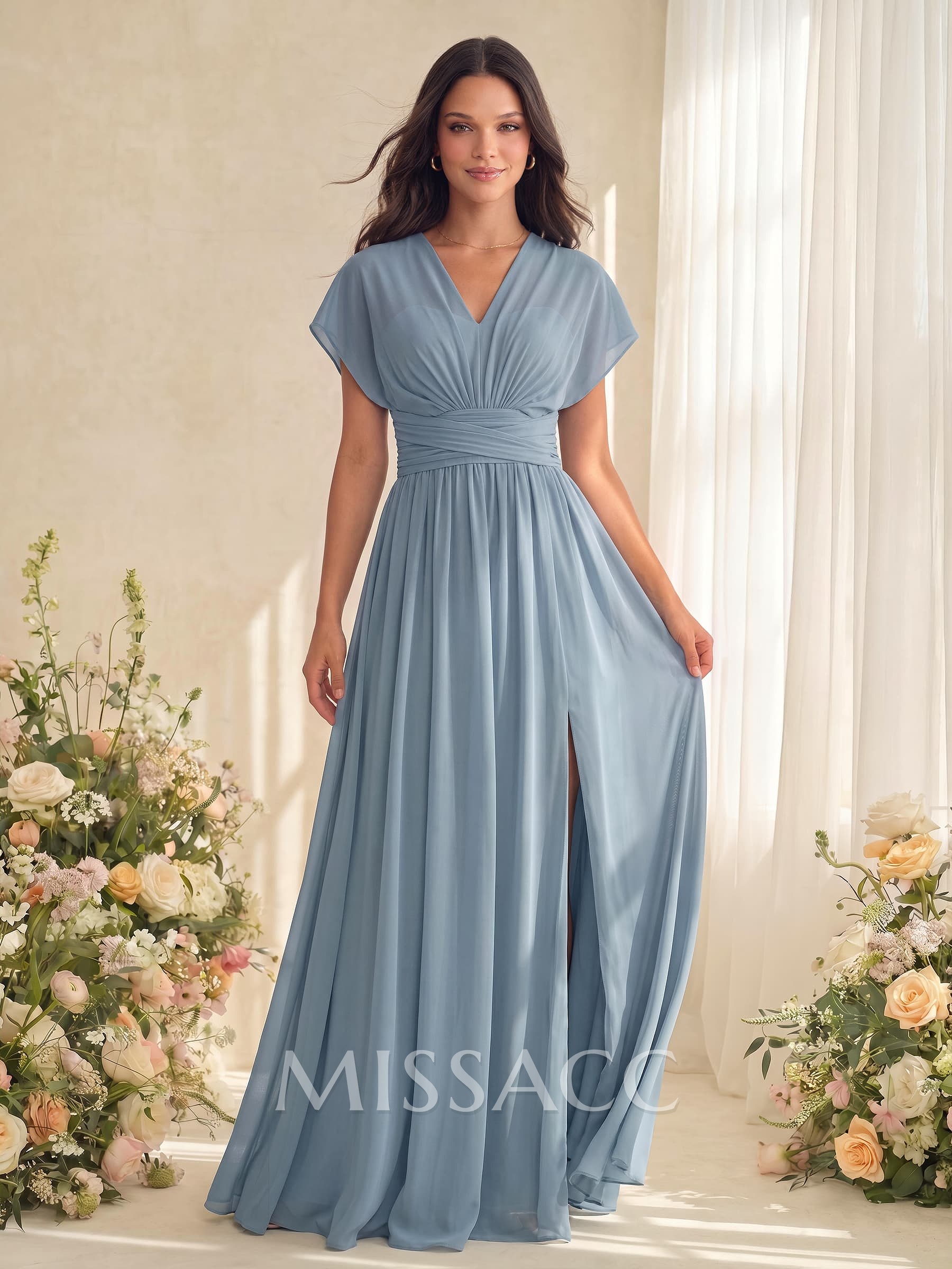 A-Line V-Neck Short Sleeves Floor-Length Chiffon Bridesmaid Dresses