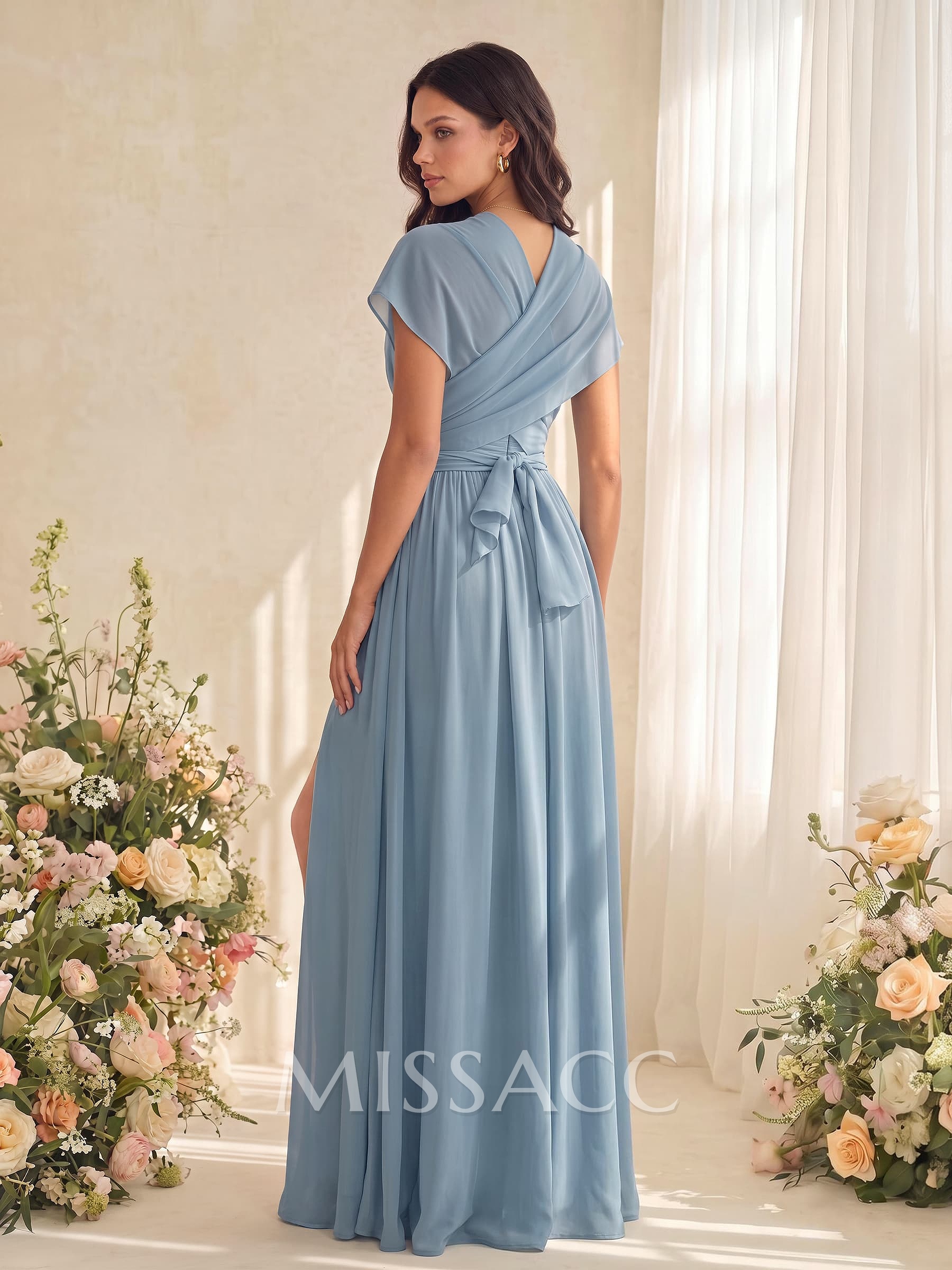 A-Line V-Neck Short Sleeves Floor-Length Chiffon Bridesmaid Dresses