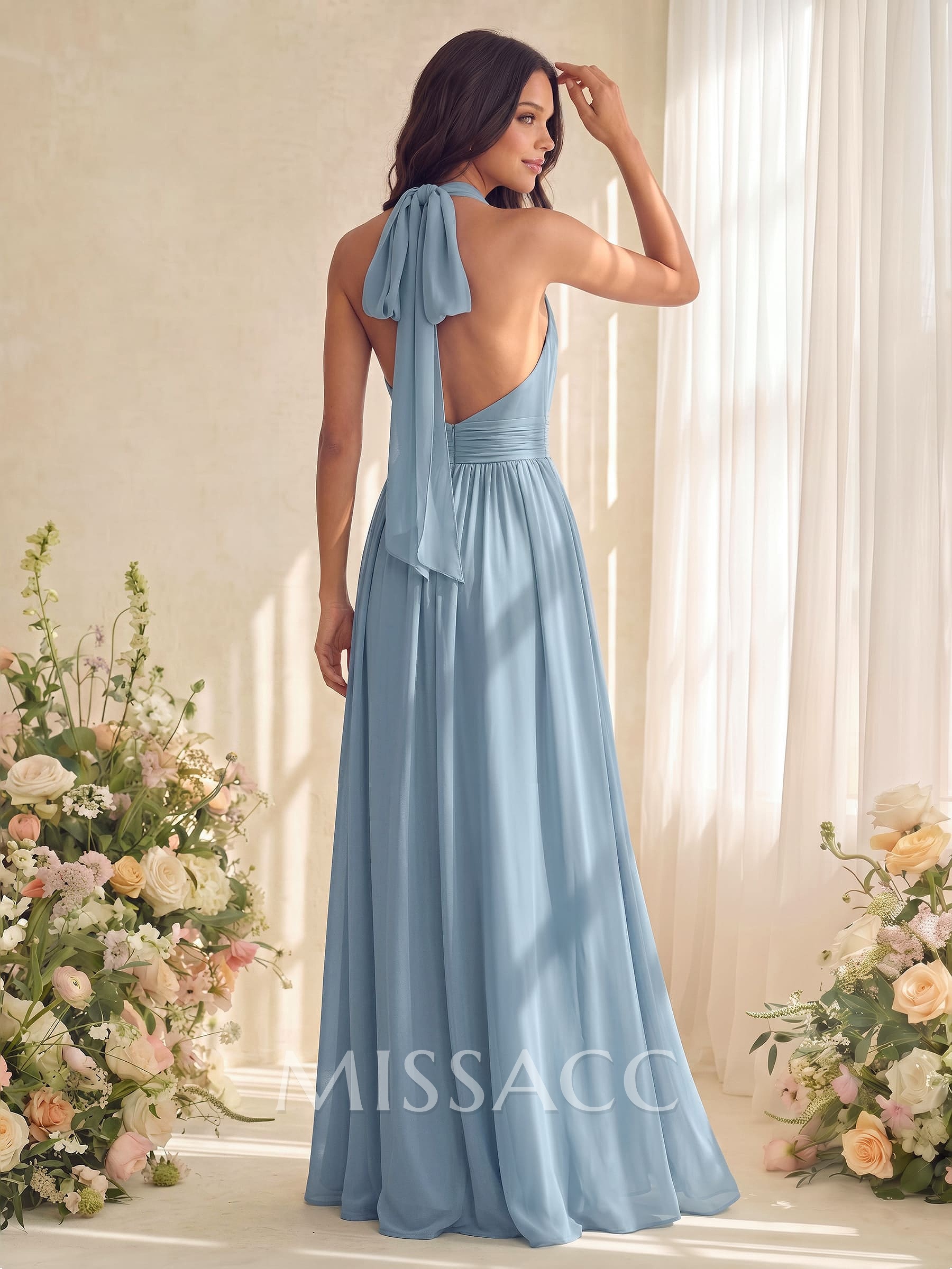 A-Line V-Neck Short Sleeves Floor-Length Chiffon Bridesmaid Dresses