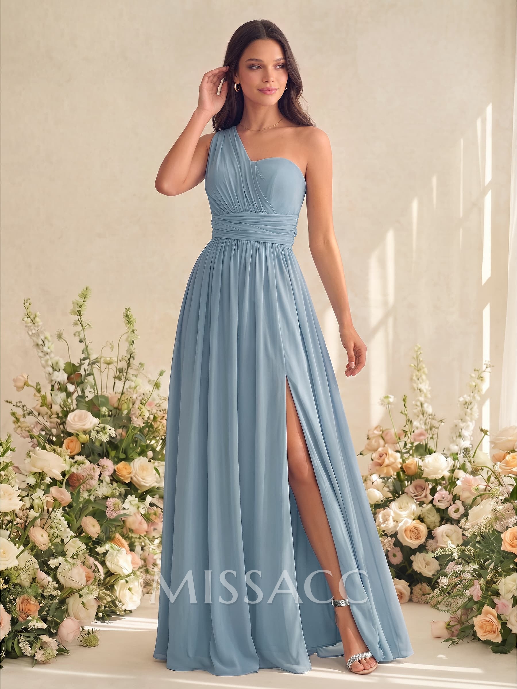 A-Line V-Neck Short Sleeves Floor-Length Chiffon Bridesmaid Dresses