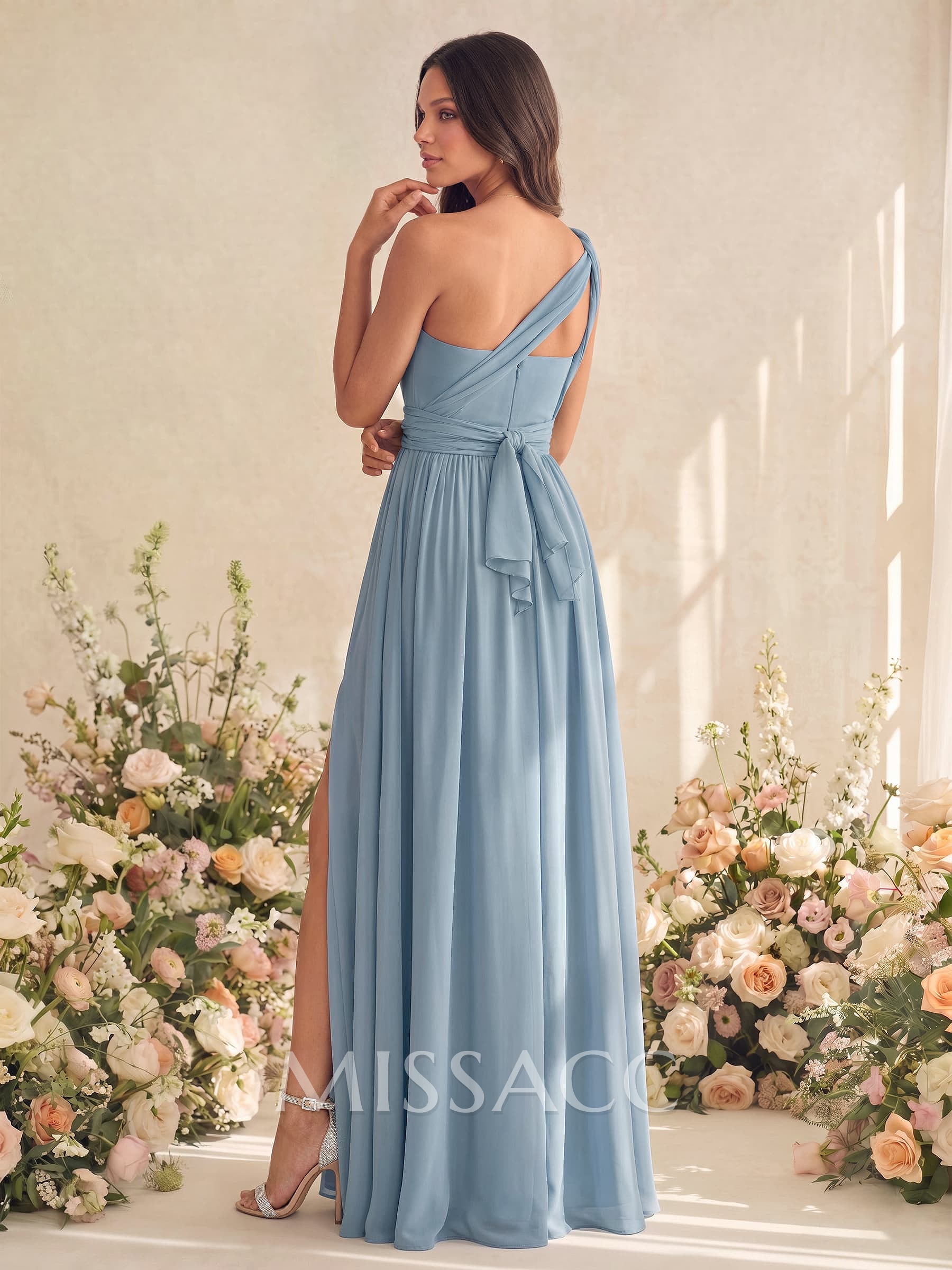 A-Line V-Neck Short Sleeves Floor-Length Chiffon Bridesmaid Dresses