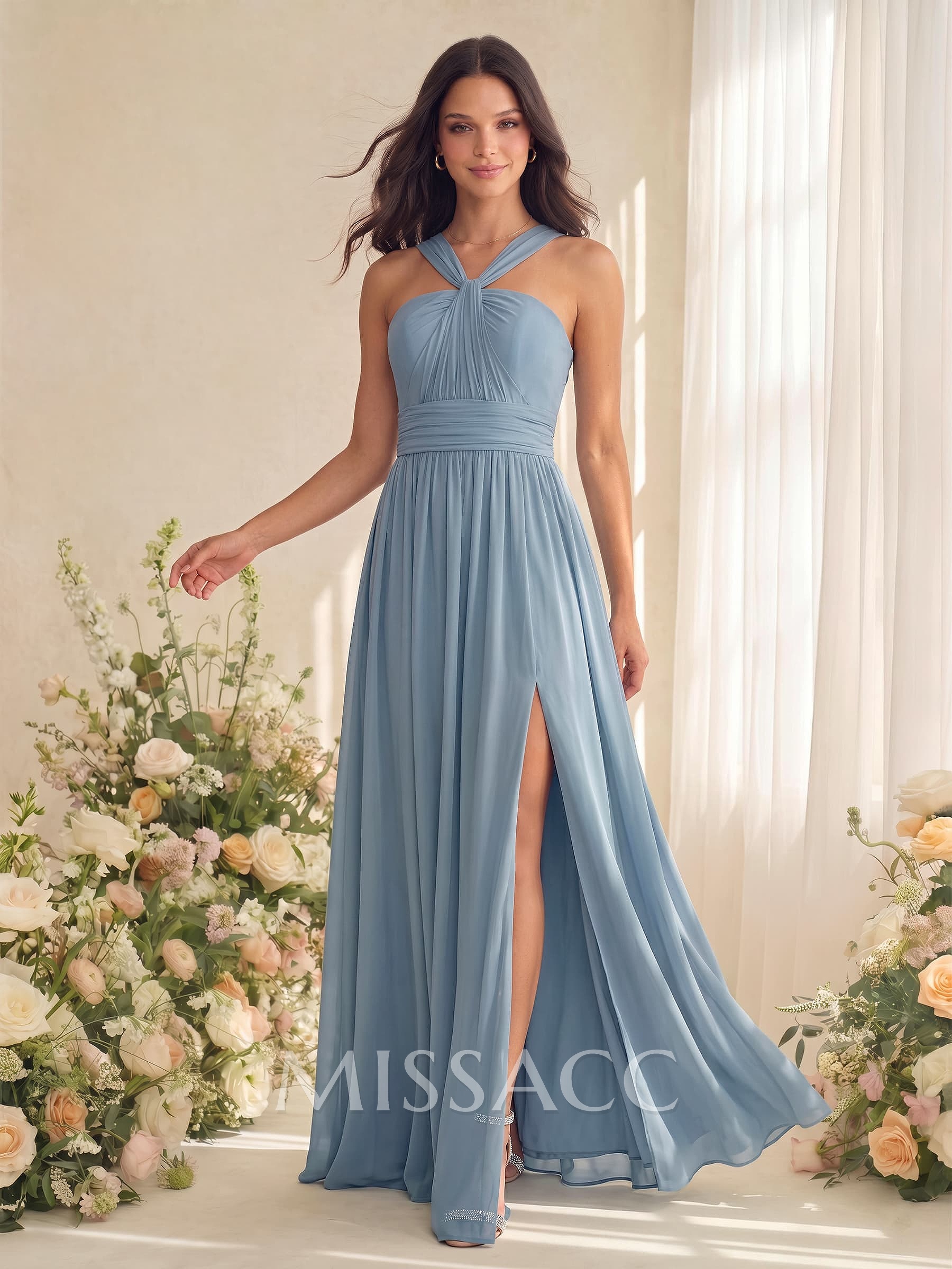 A-Line V-Neck Short Sleeves Floor-Length Chiffon Bridesmaid Dresses