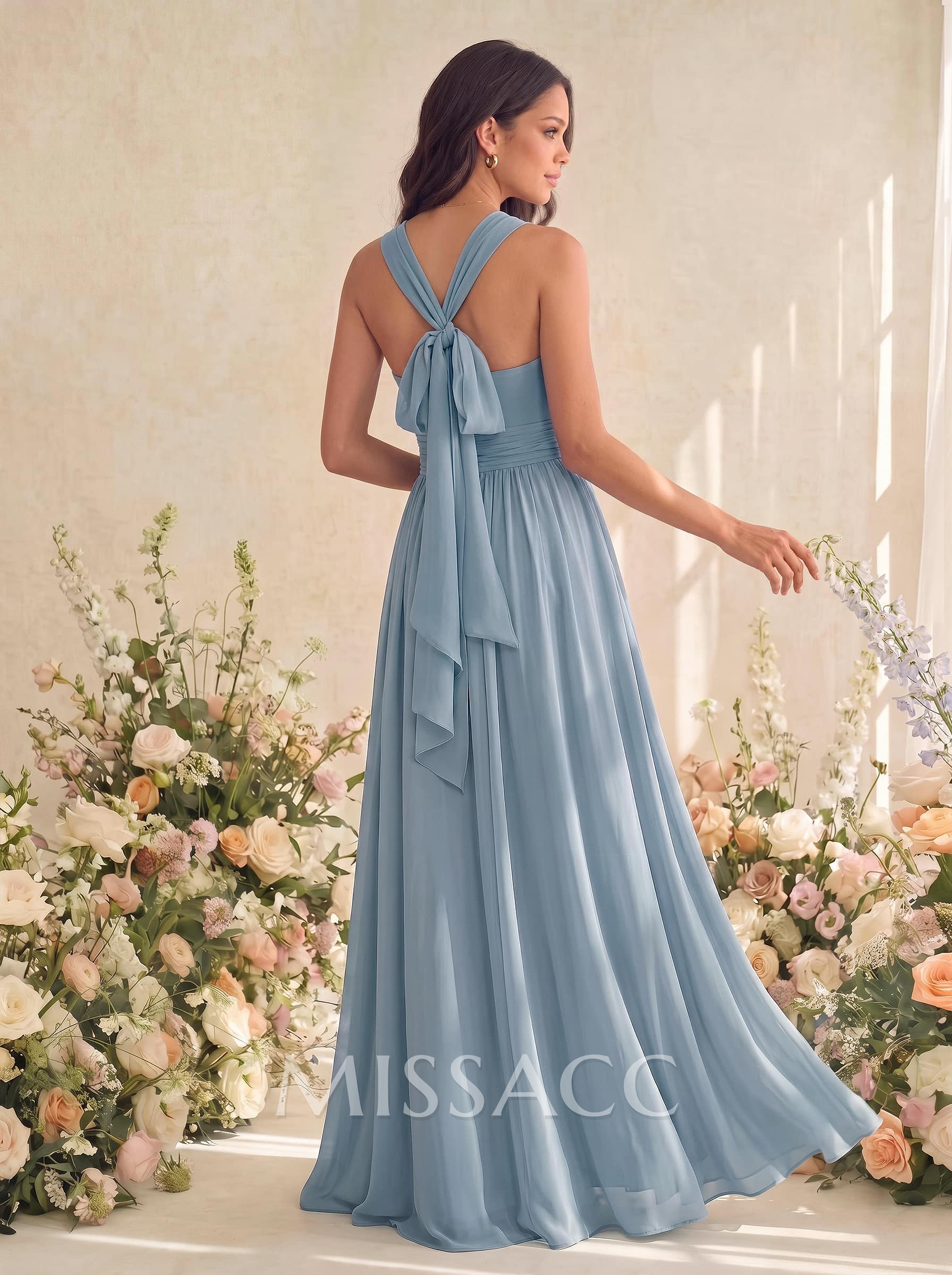 A-Line V-Neck Short Sleeves Floor-Length Chiffon Bridesmaid Dresses