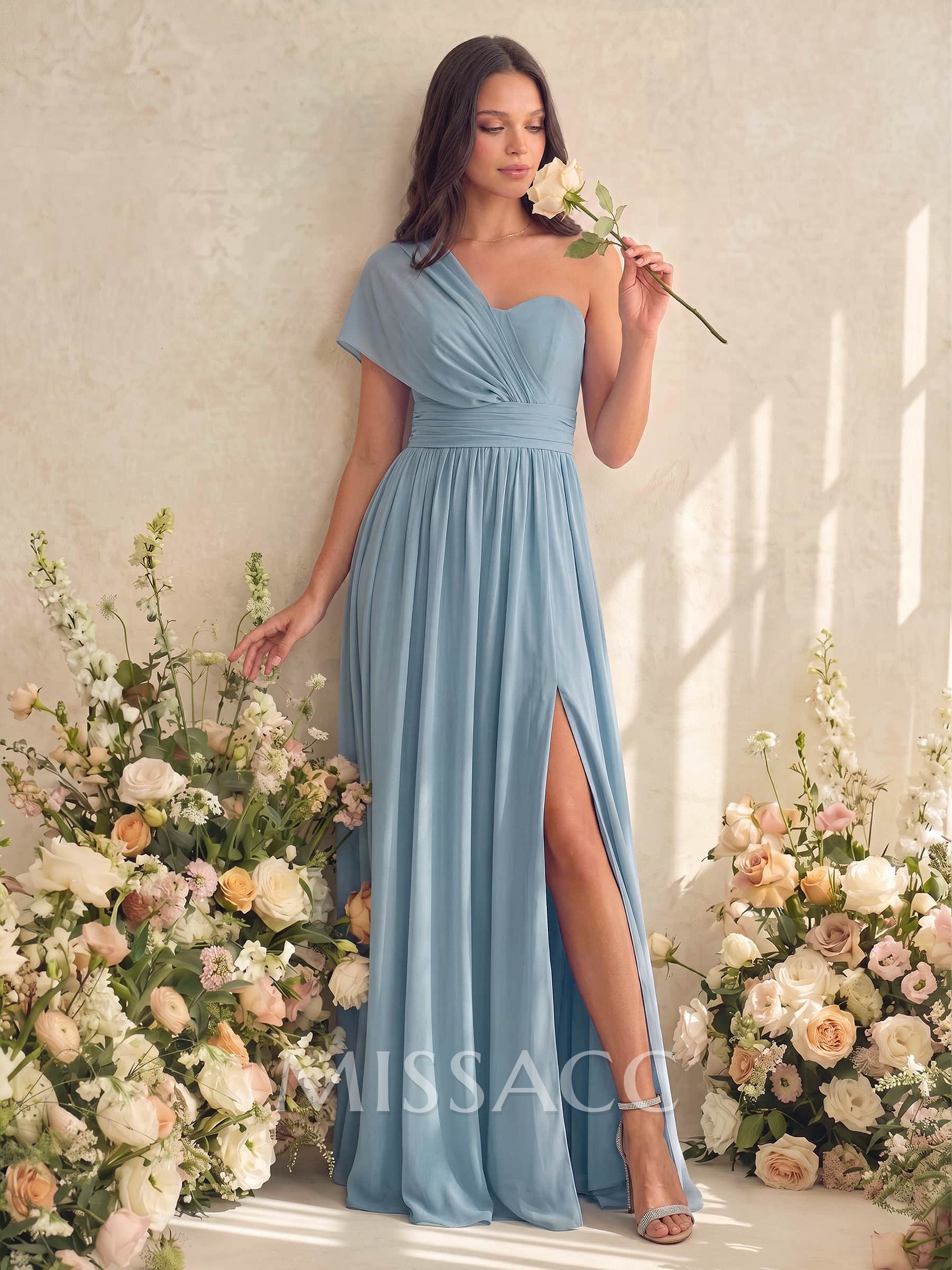A-Line V-Neck Short Sleeves Floor-Length Chiffon Bridesmaid Dresses