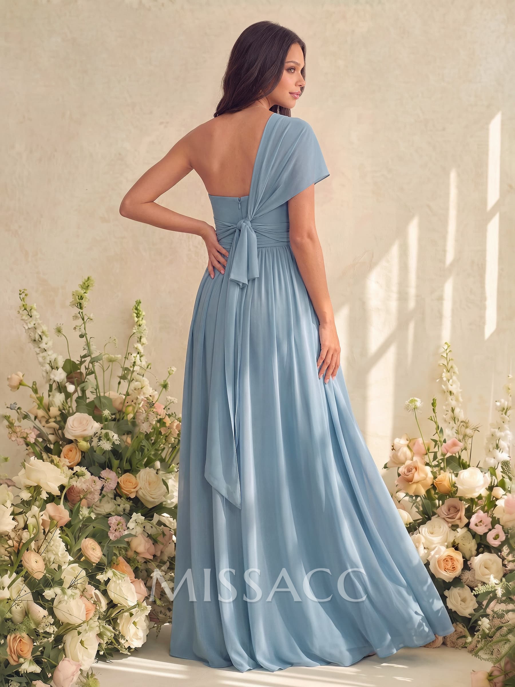 A-Line V-Neck Short Sleeves Floor-Length Chiffon Bridesmaid Dresses