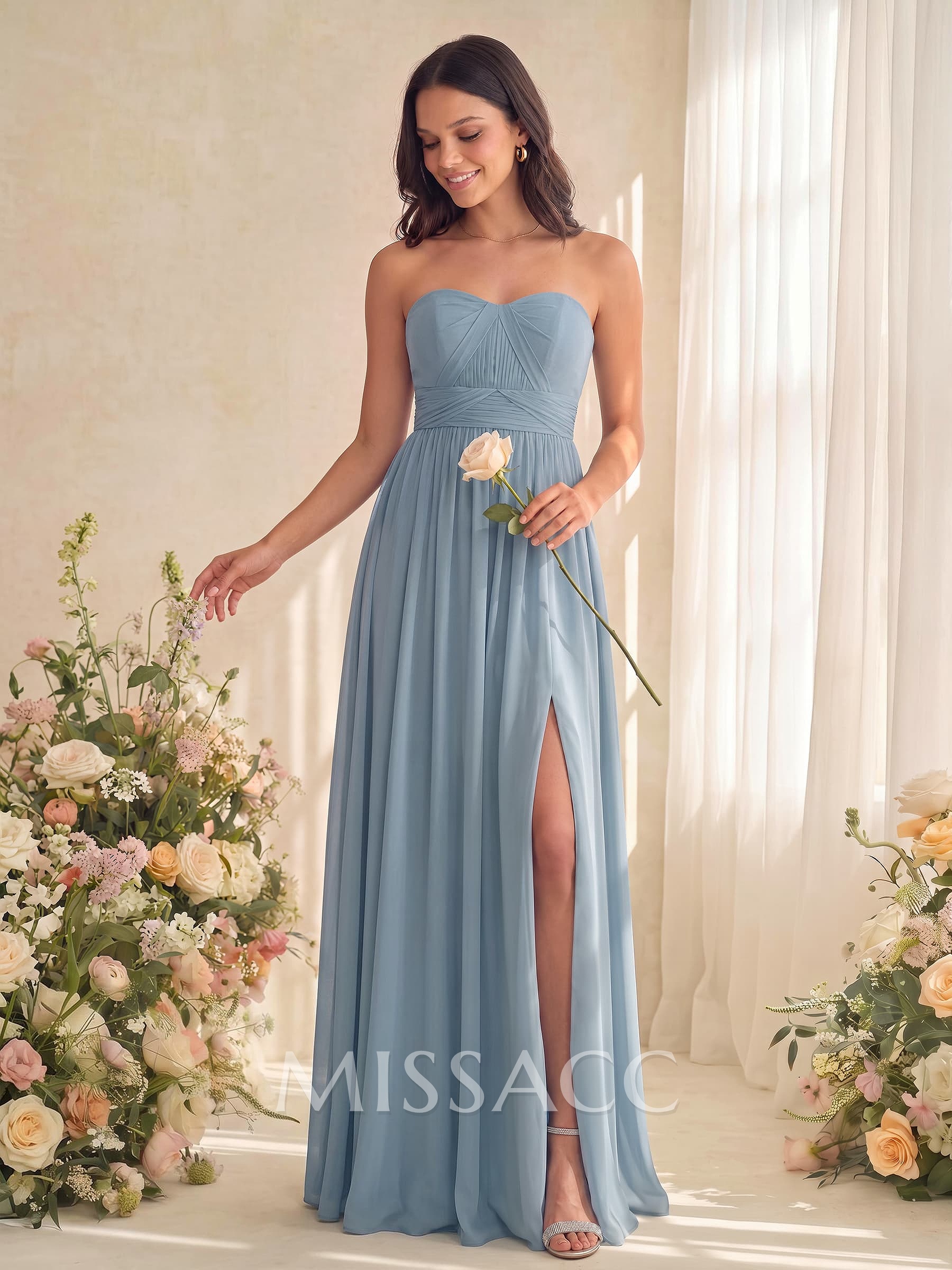 A-Line V-Neck Short Sleeves Floor-Length Chiffon Bridesmaid Dresses