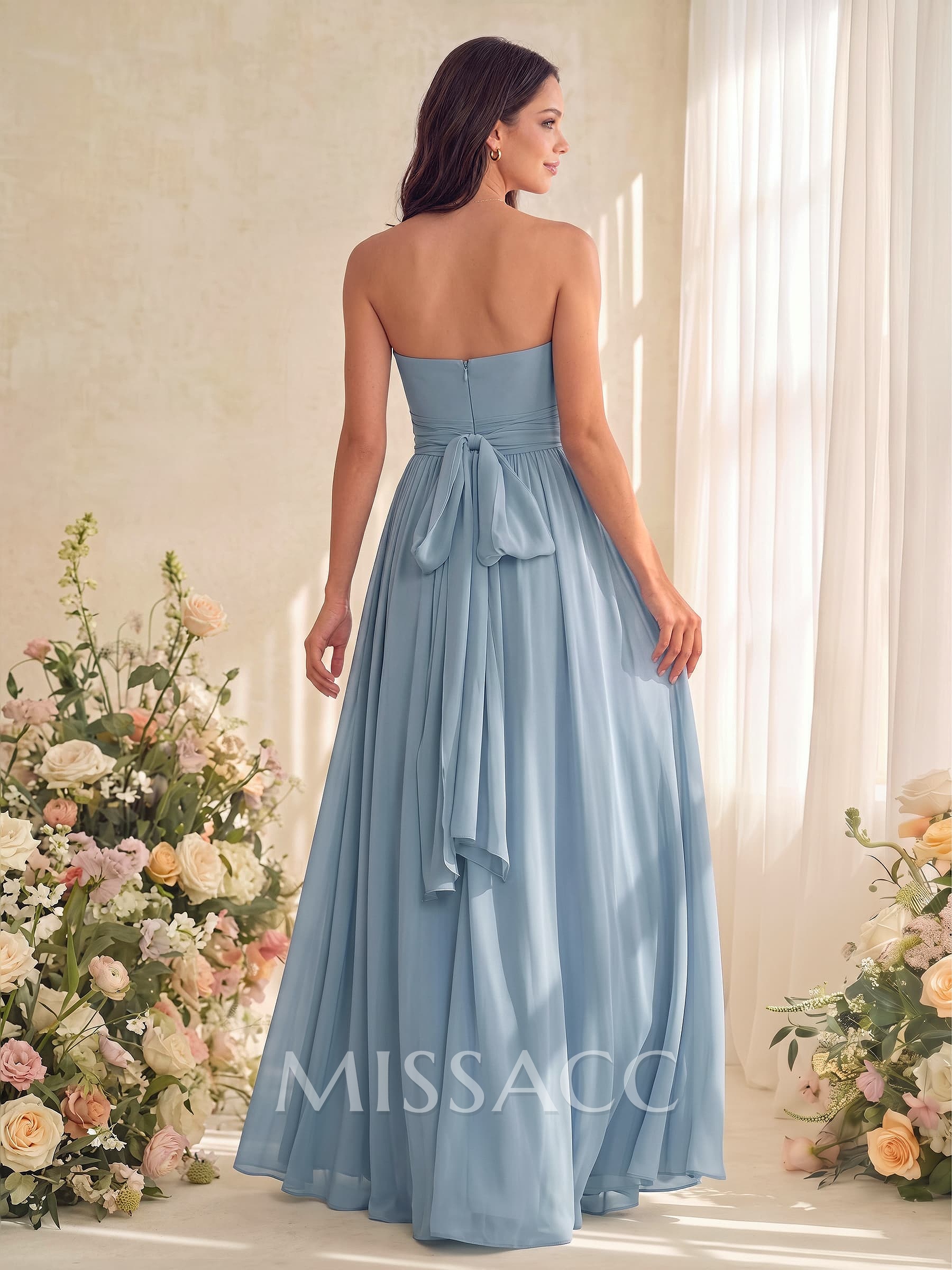 A-Line V-Neck Short Sleeves Floor-Length Chiffon Bridesmaid Dresses