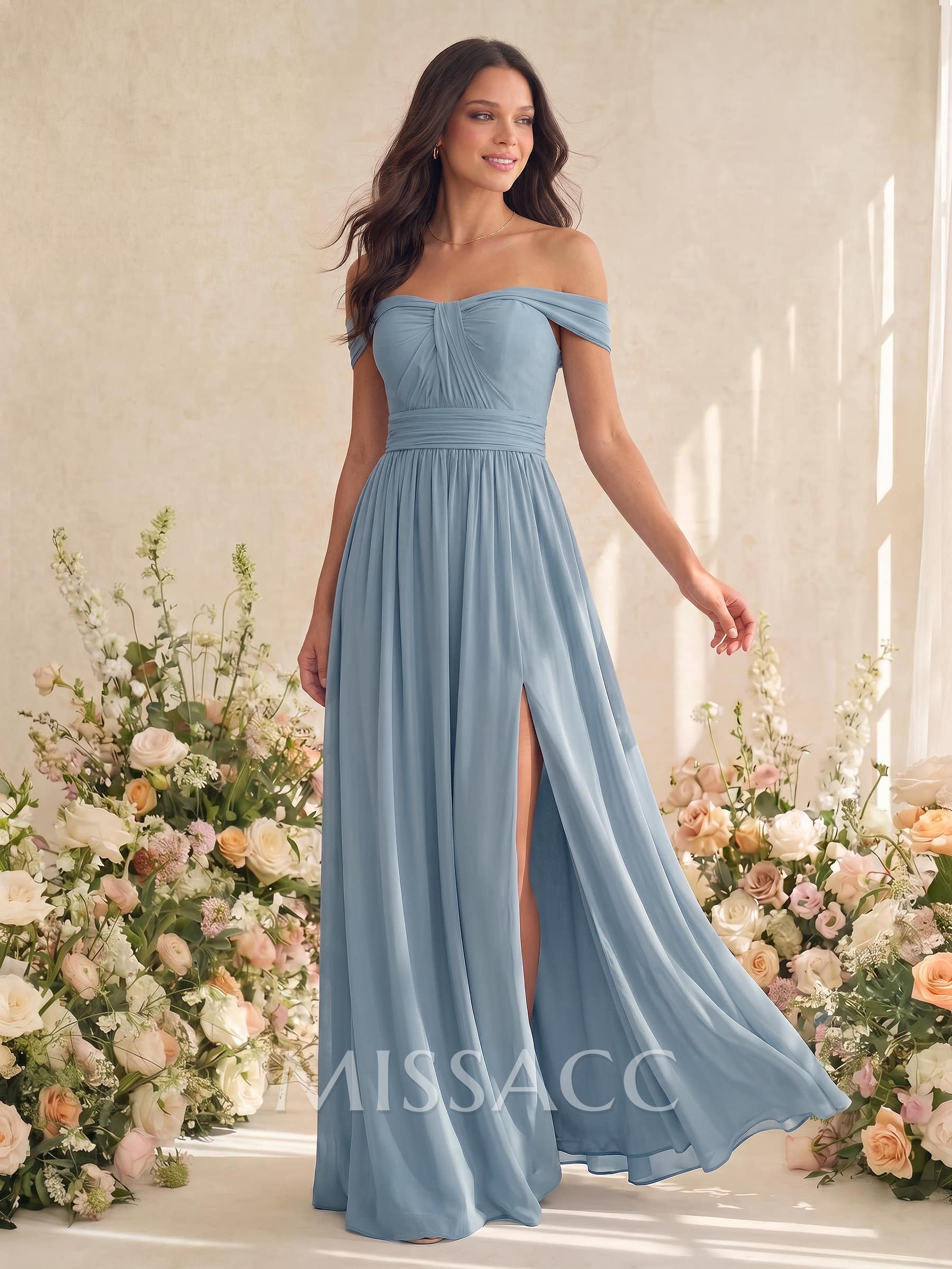 A-Line V-Neck Short Sleeves Floor-Length Chiffon Bridesmaid Dresses