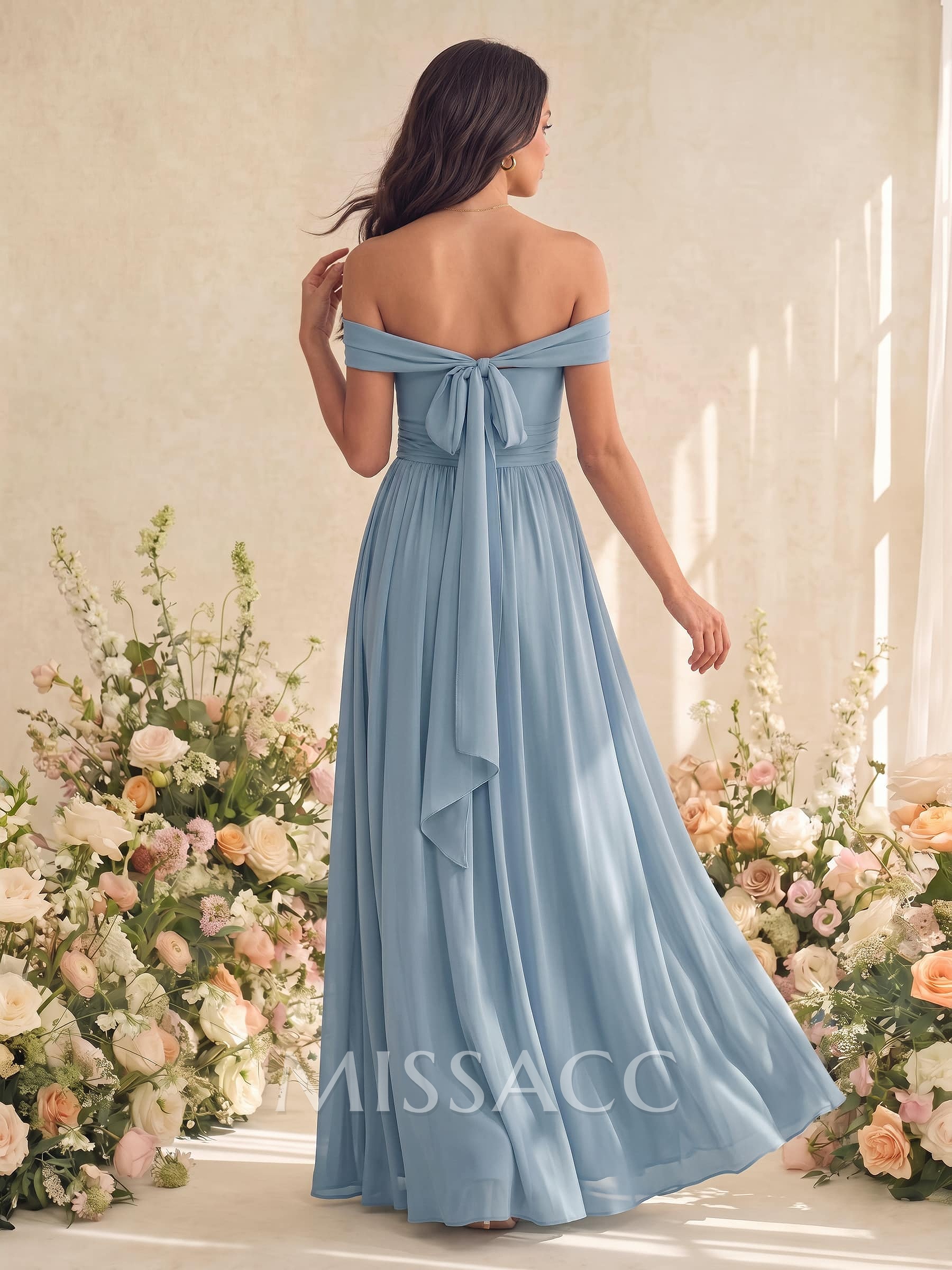A-Line V-Neck Short Sleeves Floor-Length Chiffon Bridesmaid Dresses