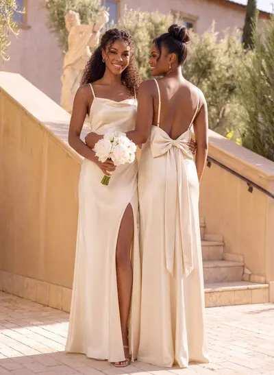 A-Line V-Neck Sleeveless Floor-Length Charmeuse Wedding Dresses With Bow