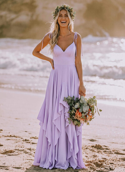 A-Line V-Neck Sleeveless Floor-Length Stretch Satin Bridesmaid Dresses With Ruffle
