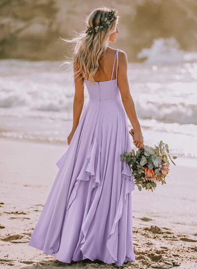 A-Line V-Neck Sleeveless Floor-Length Stretch Satin Bridesmaid Dresses With Ruffle
